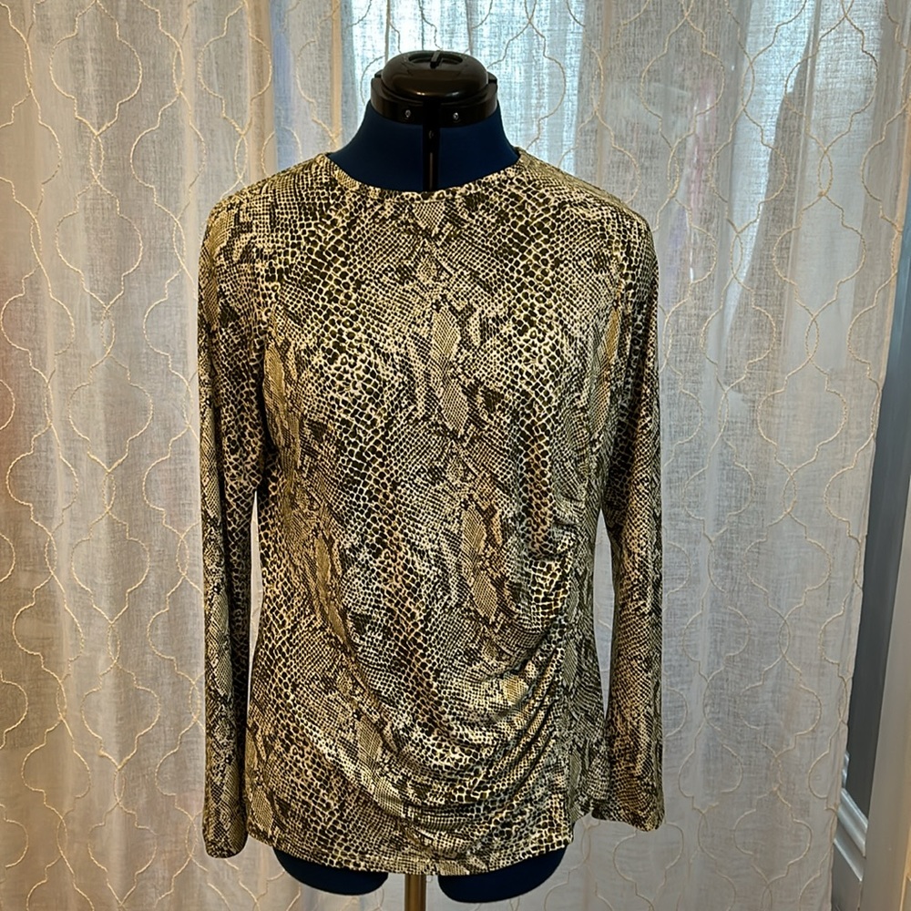 Snakeskin Animal Print Stretchy Shirt Shirred Side Detail Doncaster L Green